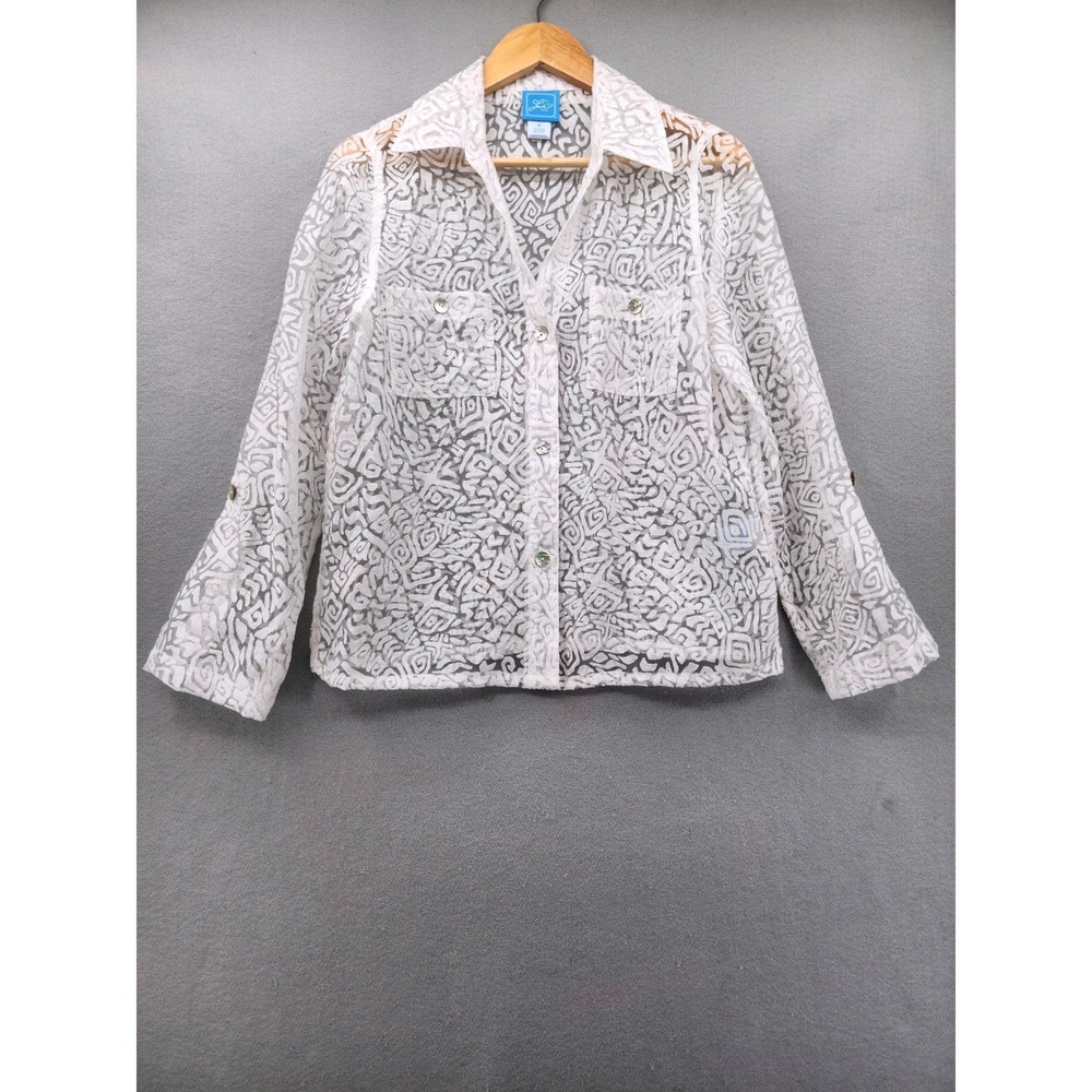 Lark Lane White Burnout Geometric Sheer Button Up Blouse Top Womens‎ Size 8 Boho